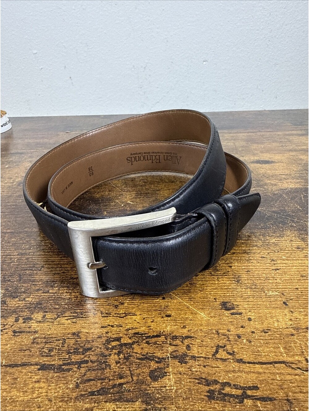 Allen Edmonds Model 39501 Black Leather Belt 36" Signed Silver Buckle 1.25"